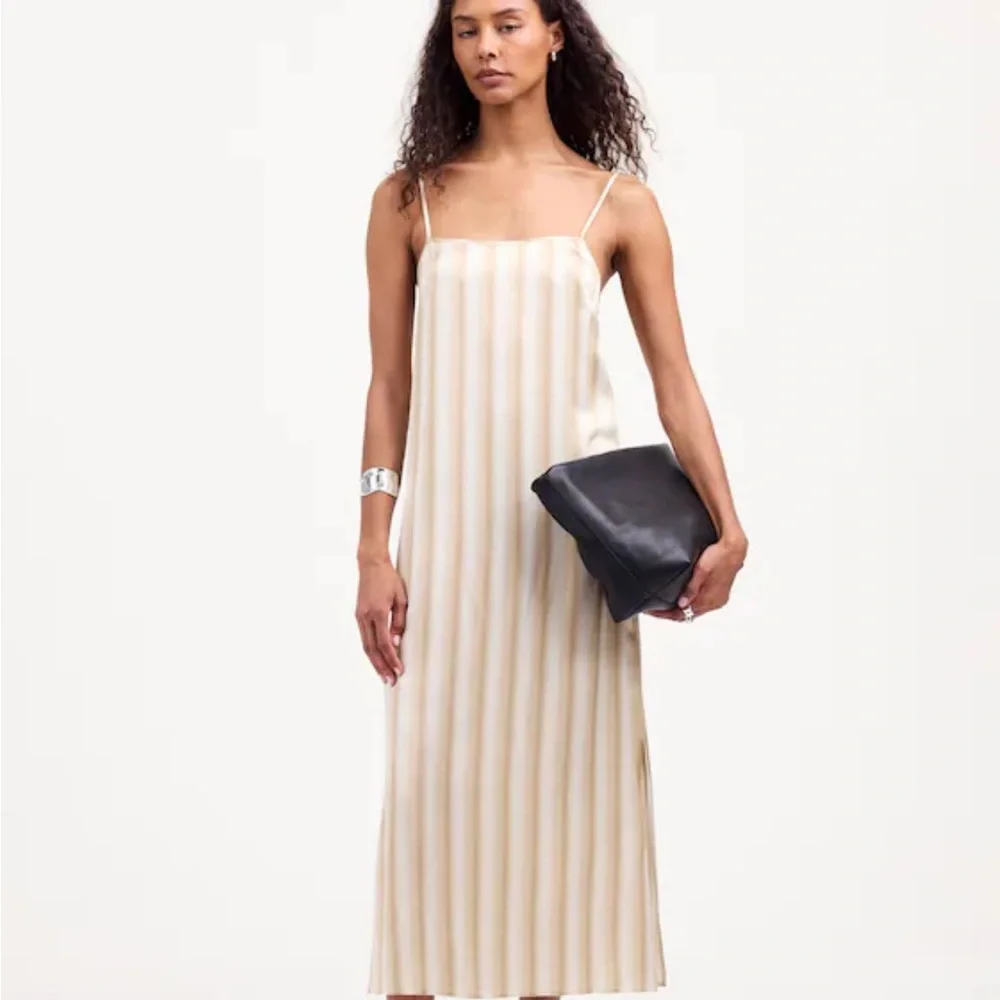 Madewell Midi Slip Dress in Stripe Silk Color Faded Khaki Size 12 *mark - Picture 1 of 13